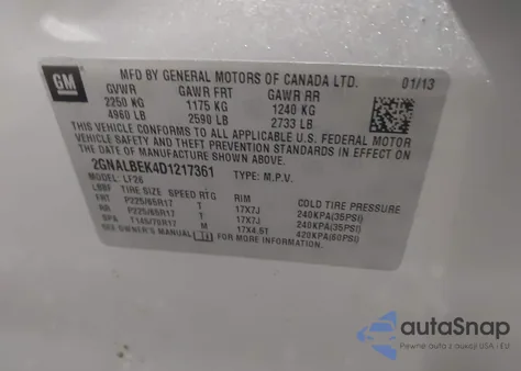 2013 Chevrolet Equinox Ls z USA, uszkodzony, nr VIN 2GNALBEK4D1217361